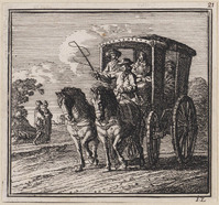 KG 05792
<br/>
De Wagen. Voorzichtig. / Het rolt wel mak’lijk, met vermaak; Maar eer men ’t denkt, is ’t onheil raak
<br/>
<em>Luyken, Jan (1649-1712)</em>